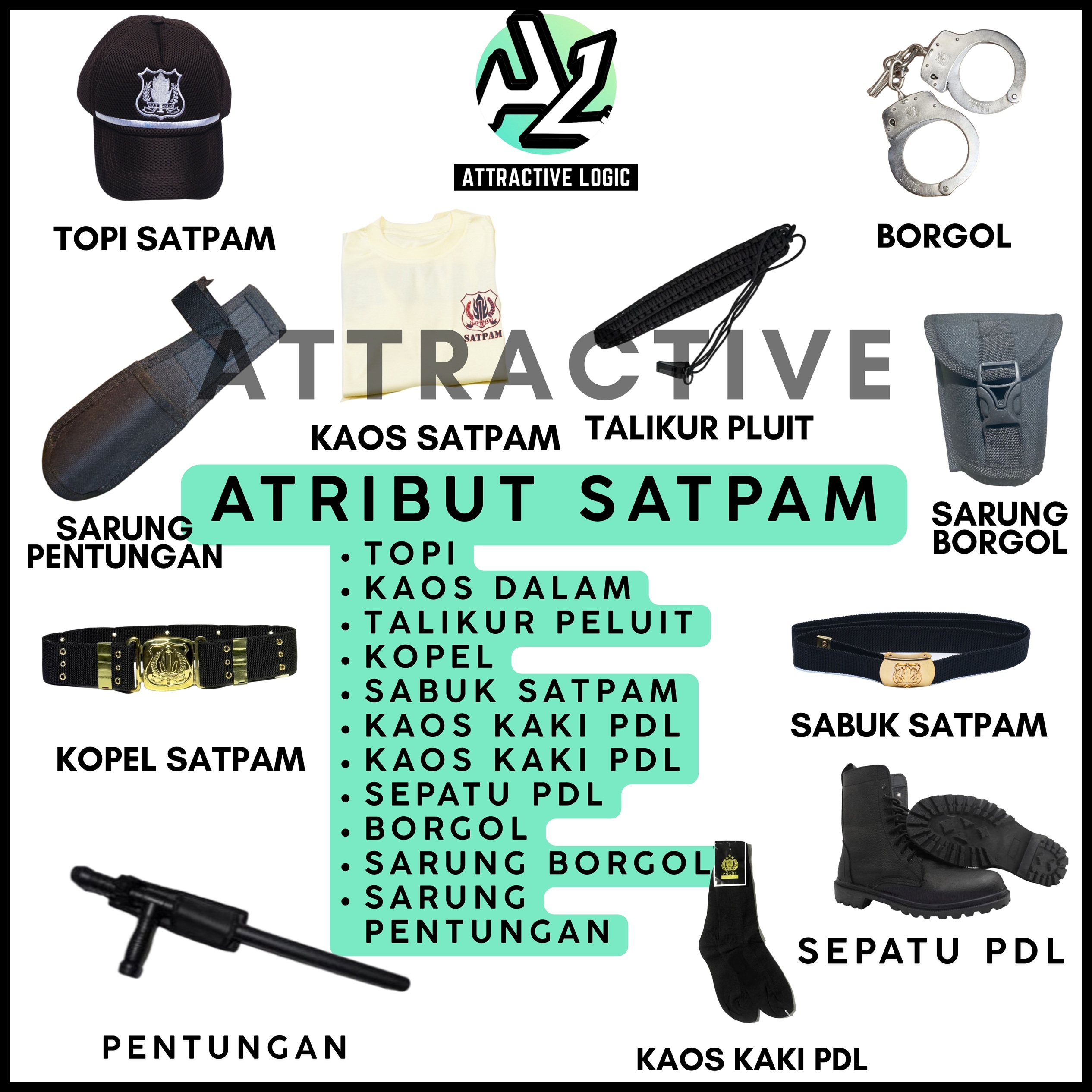 GROSIR ATRIBUT SATPAM LENGKAP TOPI KAOS TALIKUR BORGOL KOPEL PENTUNGAN