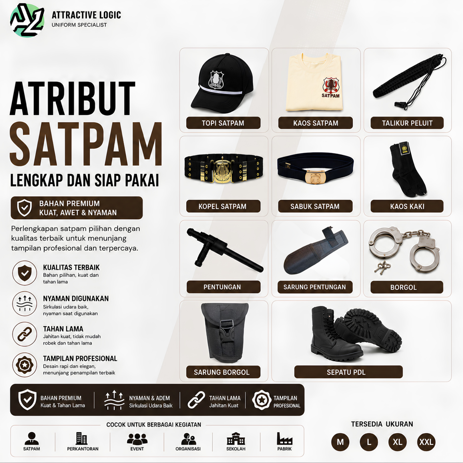 GROSIR ATRIBUT SATPAM LENGKAP TOPI KAOS TALIKUR BORGOL KOPEL PENTUNGAN