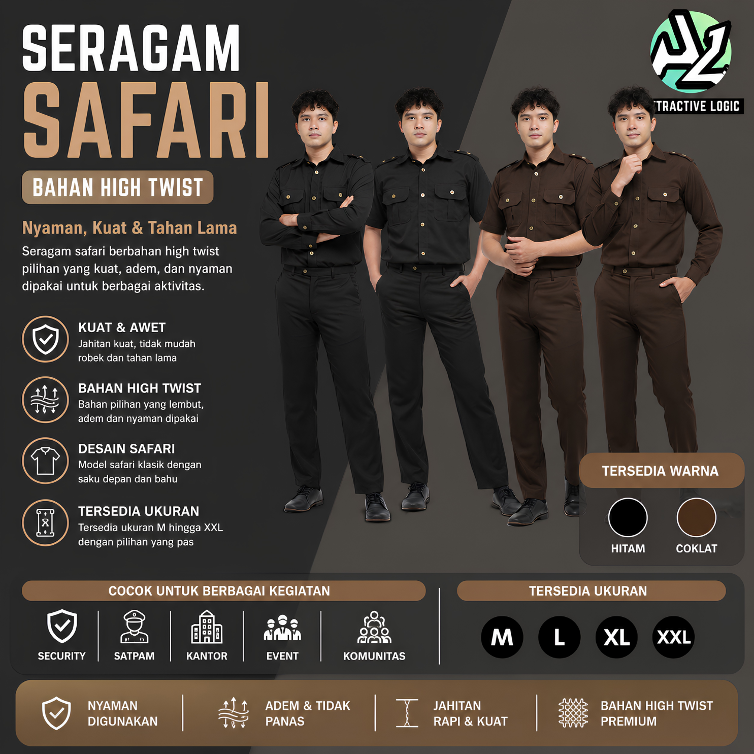 SERAGAM SAFARI HITAM COKLAT PASPAMPRES LAPANGAN SATPAM SECURITY LENGAN PENDEK
