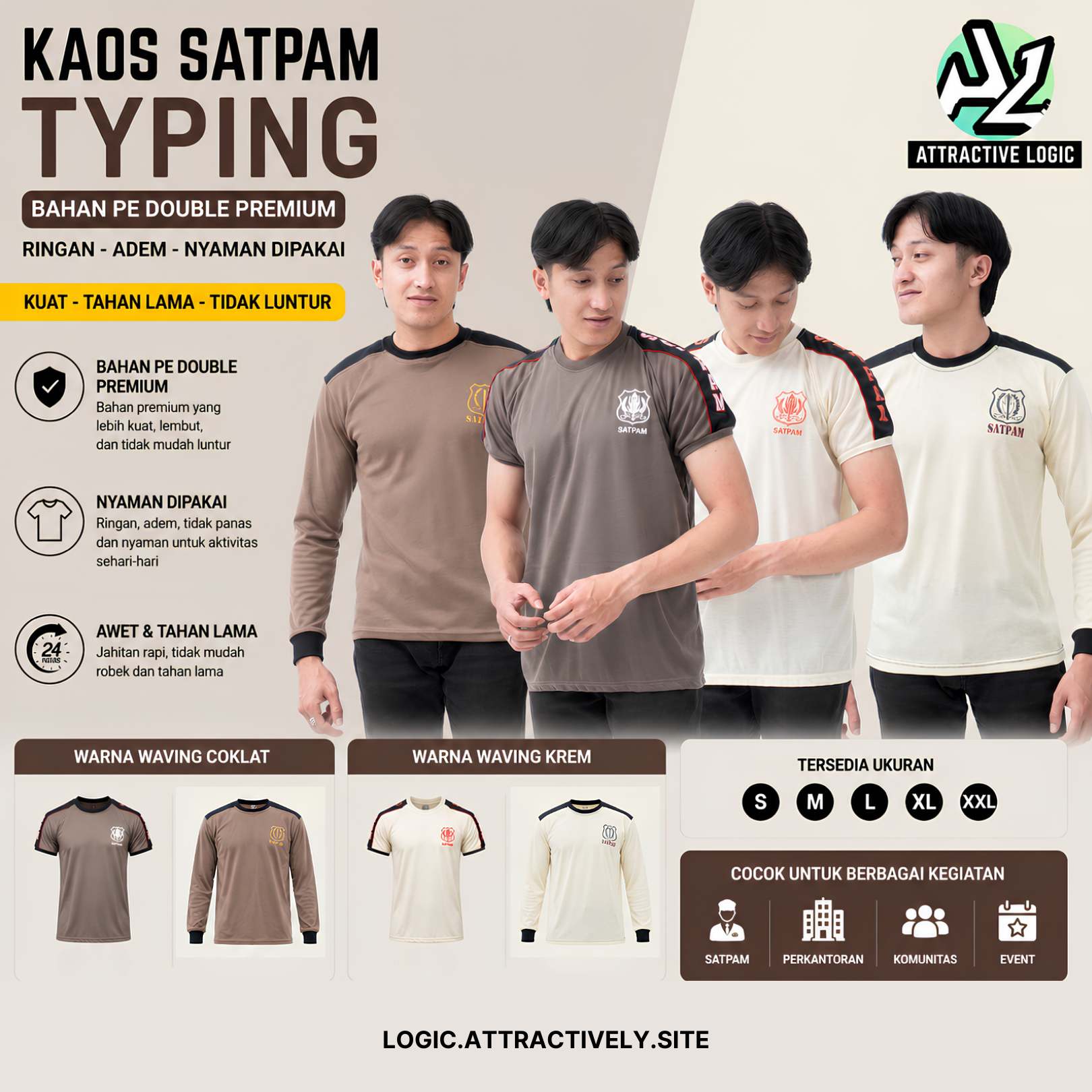 BAJU KAOS SECURITY SATPAM VAVING COKLAT/KREM LENGAN PENDEK TERBAIK