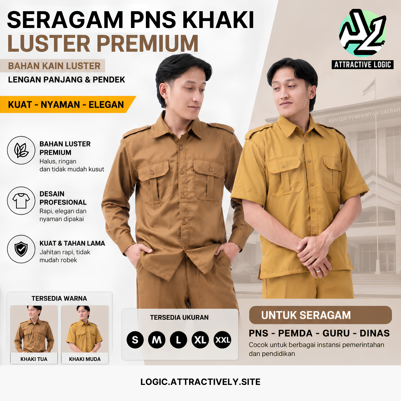 SERAGAM PNS PEMDA DINAS GURU WARNA KHAKI MUDA KHAKI TUA PRIA LENGAN PENDEK LENGAN PANJANG PREMIUM